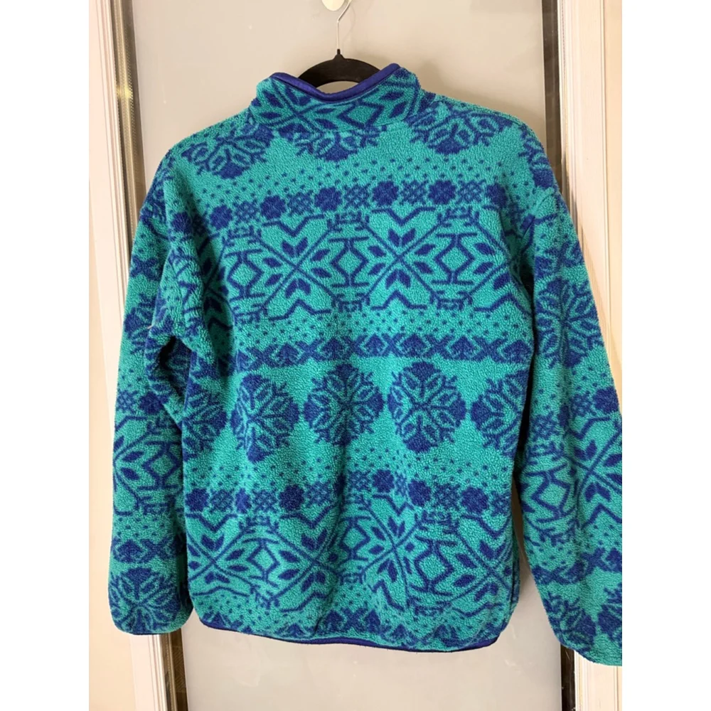 Lands' End Teal Blue Snowflake Fleece Jacket L